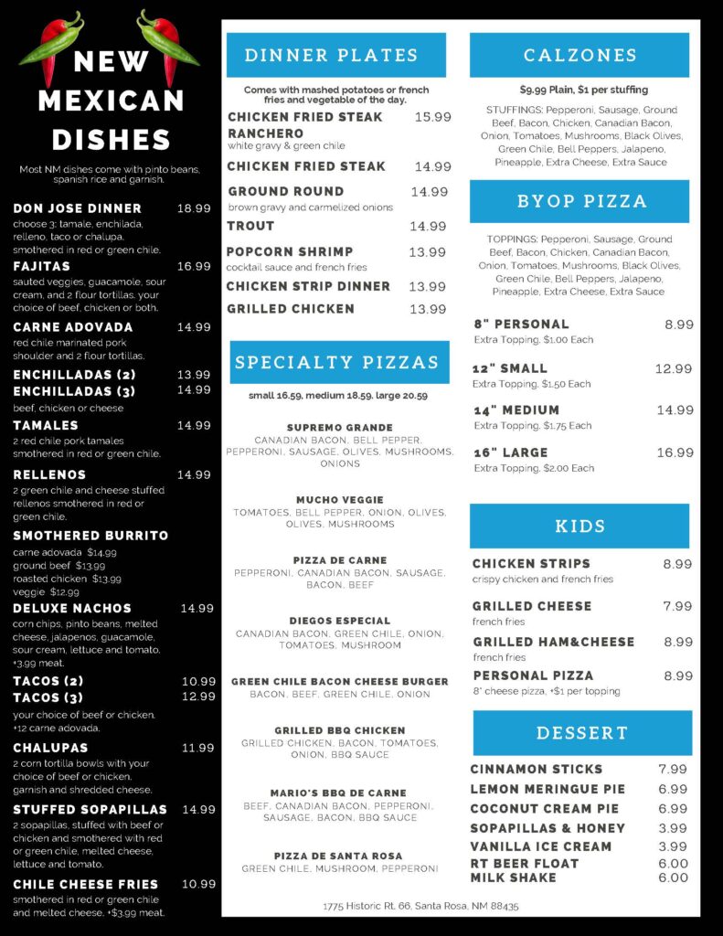 Josephs Restaurant menu